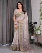 Crimson Pink & Teal Floral Handloom Linen Saree with Zari Border & Tassel Finish | 5.5m Saree + 0.8m Blouse