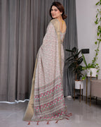 Crimson Pink & Teal Floral Handloom Linen Saree with Zari Border & Tassel Finish | 5.5m Saree + 0.8m Blouse