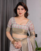 Crimson Pink & Teal Floral Handloom Linen Saree with Zari Border & Tassel Finish | 5.5m Saree + 0.8m Blouse