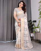Off-White Handloom Linen Saree with Black Vertical Stripes & Tribal Motifs | Golden Zari Border & Tassel Pallu | Attached Blouse | 5.5m Saree + 0.8m Blouse