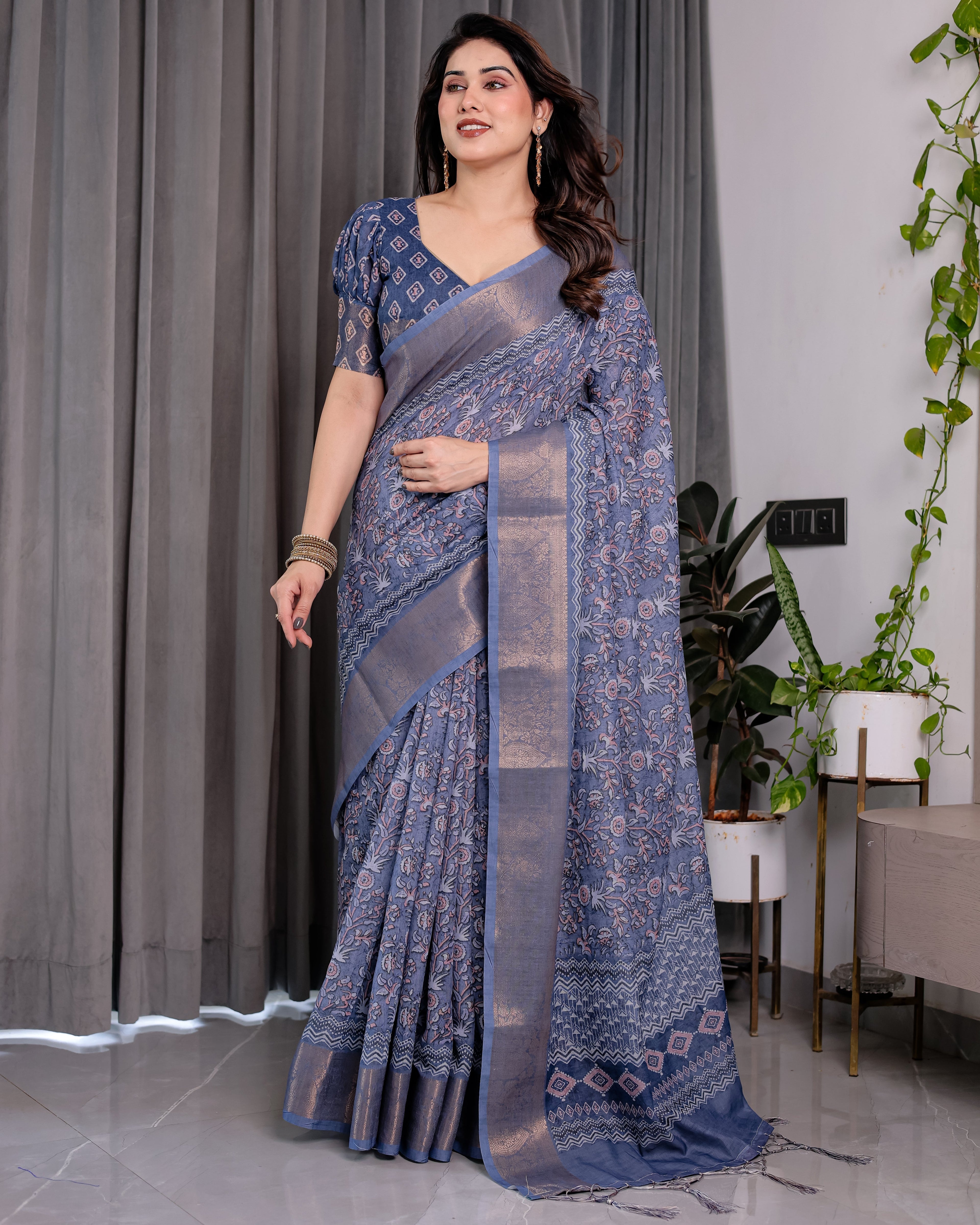 Dusty Blue Pure Handloom Linen Saree with All-Over Floral Vine Print & Zari Border | Geometric Pallu & Tassels | 5.5m Saree + 0.8m Blouse
