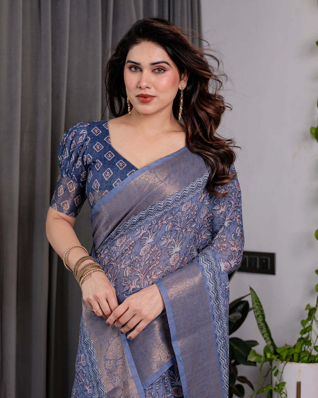 Dusty Blue Pure Handloom Linen Saree with All-Over Floral Vine Print & Zari Border | Geometric Pallu & Tassels | 5.5m Saree + 0.8m Blouse