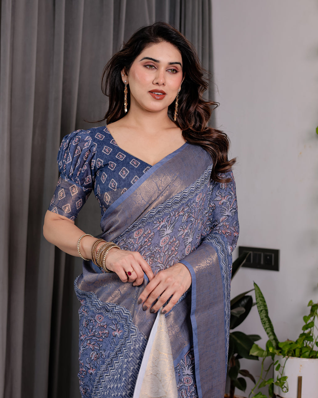 Dusty Blue Pure Handloom Linen Saree with All-Over Floral Vine Print & Zari Border | Geometric Pallu & Tassels | 5.5m Saree + 0.8m Blouse