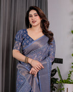 Dusty Blue Pure Handloom Linen Saree with All-Over Floral Vine Print & Zari Border | Geometric Pallu & Tassels | 5.5m Saree + 0.8m Blouse