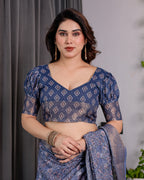 Dusty Blue Pure Handloom Linen Saree with All-Over Floral Vine Print & Zari Border | Geometric Pallu & Tassels | 5.5m Saree + 0.8m Blouse