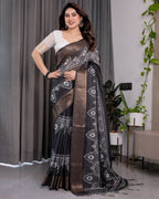Black Handloom Linen Saree with White Floral Mandala Print, Zari Border & Tassel Pallu | 5.5m Saree + 0.8m Blouse