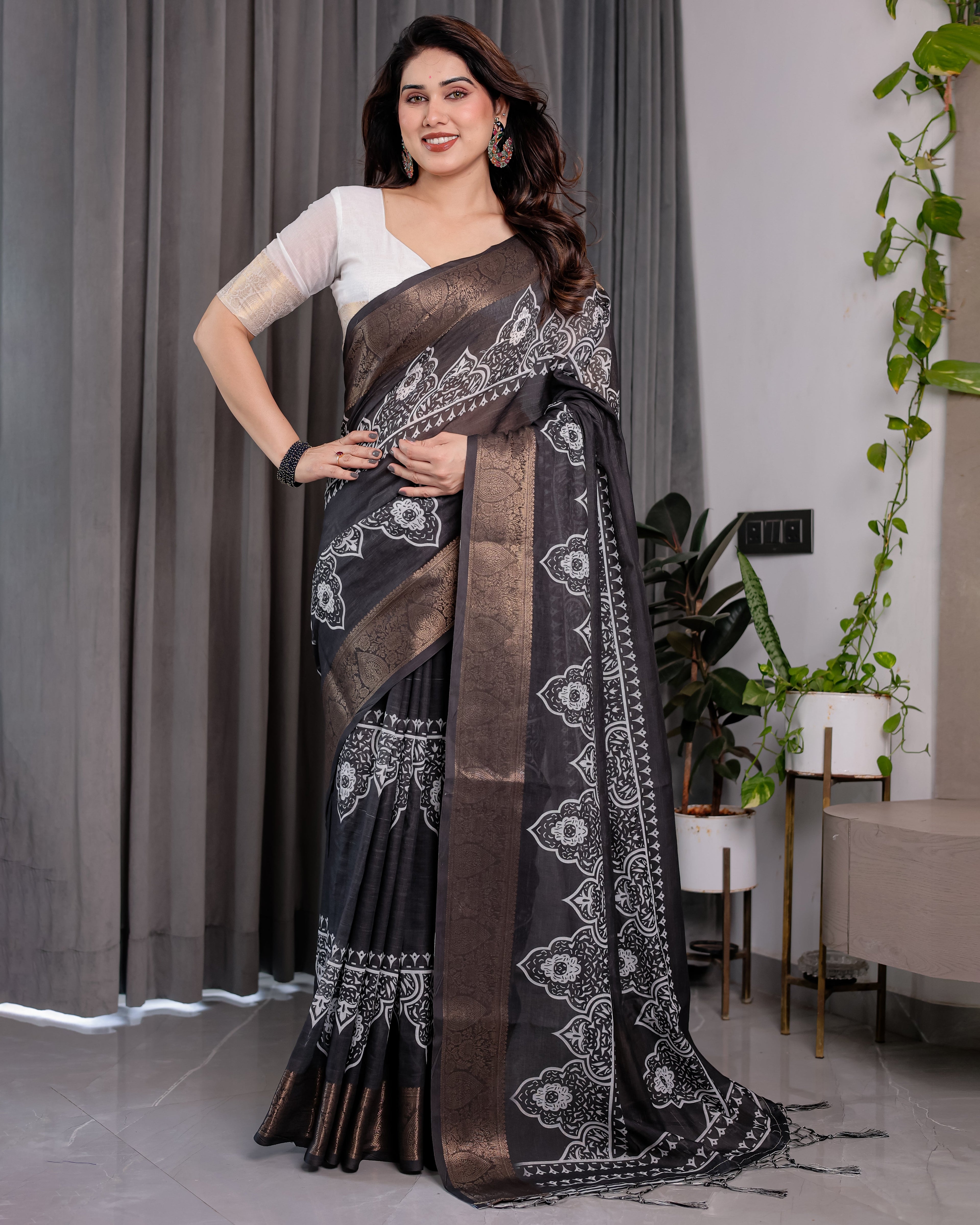 Black Handloom Linen Saree with White Floral Mandala Print, Zari Border & Tassel Pallu | 5.5m Saree + 0.8m Blouse