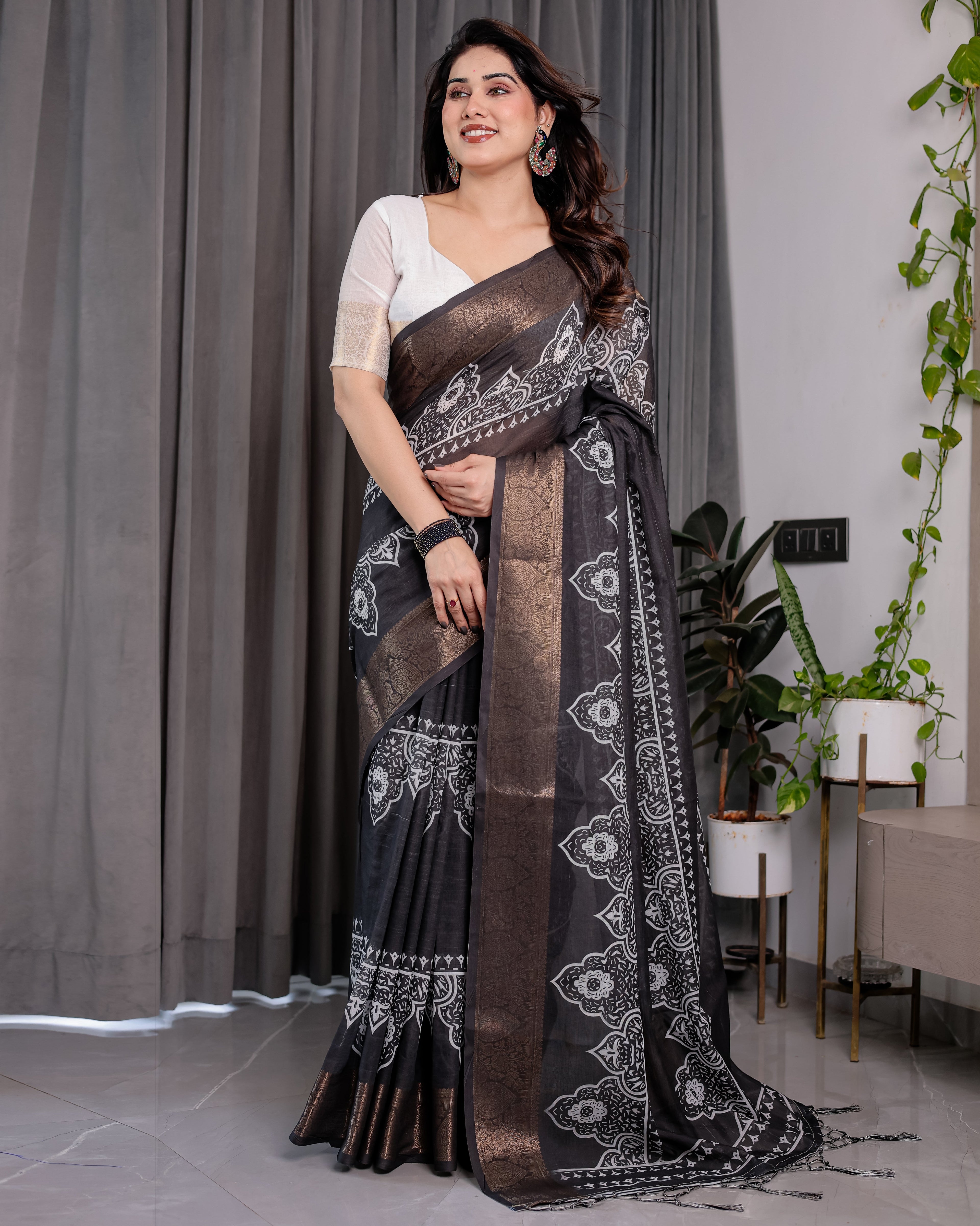 Black Handloom Linen Saree with White Floral Mandala Print, Zari Border & Tassel Pallu | 5.5m Saree + 0.8m Blouse