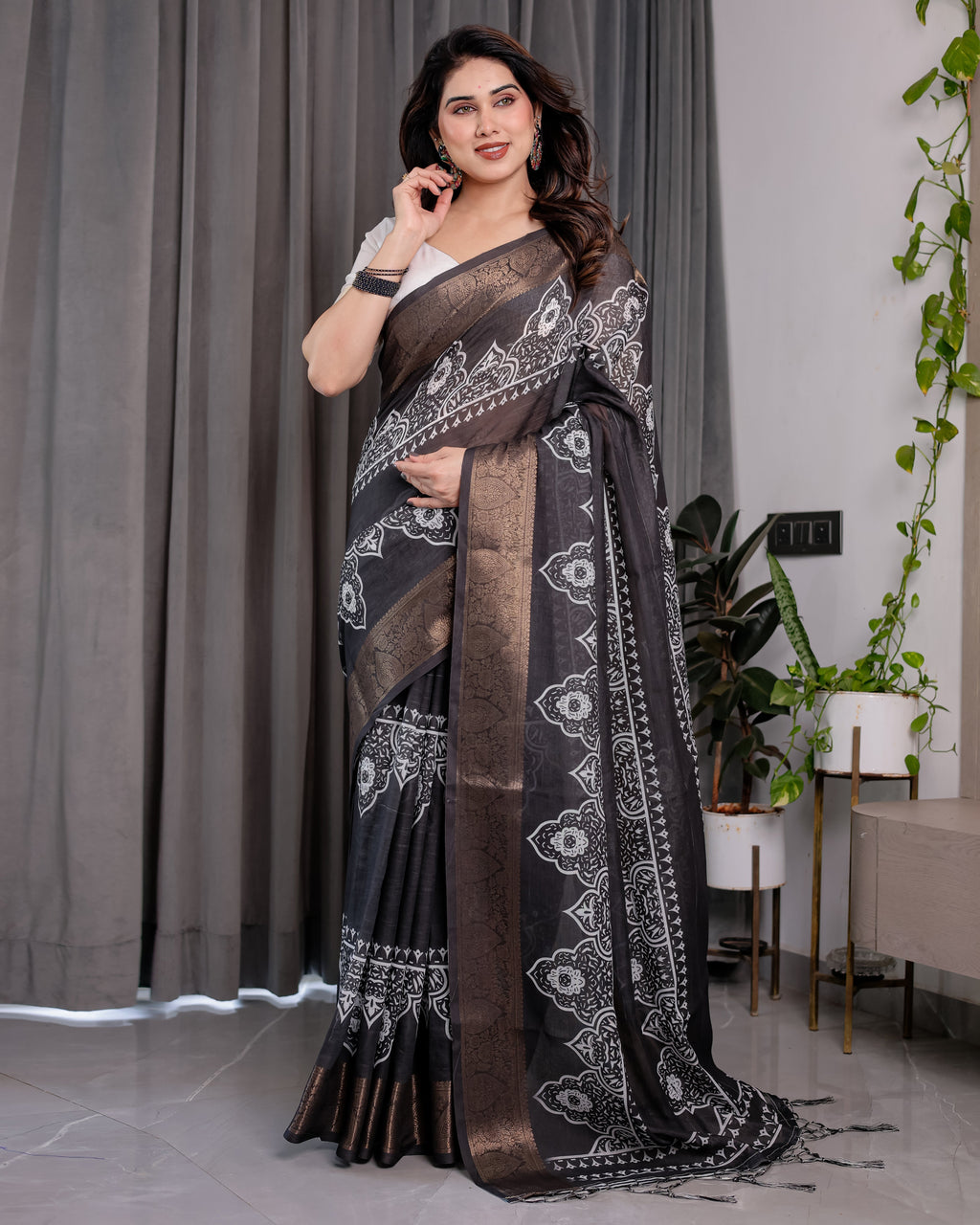Black Handloom Linen Saree with White Floral Mandala Print, Zari Border & Tassel Pallu | 5.5m Saree + 0.8m Blouse