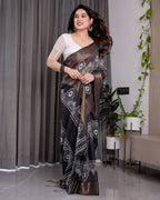 Black Handloom Linen Saree with White Floral Mandala Print, Zari Border & Tassel Pallu | 5.5m Saree + 0.8m Blouse