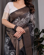Black Handloom Linen Saree with White Floral Mandala Print, Zari Border & Tassel Pallu | 5.5m Saree + 0.8m Blouse