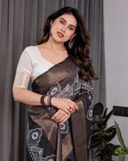 Black Handloom Linen Saree with White Floral Mandala Print, Zari Border & Tassel Pallu | 5.5m Saree + 0.8m Blouse
