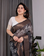 Black Handloom Linen Saree with White Floral Mandala Print, Zari Border & Tassel Pallu | 5.5m Saree + 0.8m Blouse