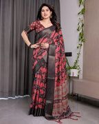 Black & Rust Red Handloom Linen Saree with Heart Floral Print & Striped Ethnic Pallu | Antique Zari Border & Tassel Detailing | Attached Blouse | 5.5m Saree + 0.8m Blouse