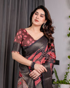 Black & Rust Red Handloom Linen Saree with Heart Floral Print & Striped Ethnic Pallu | Antique Zari Border & Tassel Detailing | Attached Blouse | 5.5m Saree + 0.8m Blouse