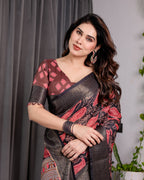 Black & Rust Red Handloom Linen Saree with Heart Floral Print & Striped Ethnic Pallu | Antique Zari Border & Tassel Detailing | Attached Blouse | 5.5m Saree + 0.8m Blouse