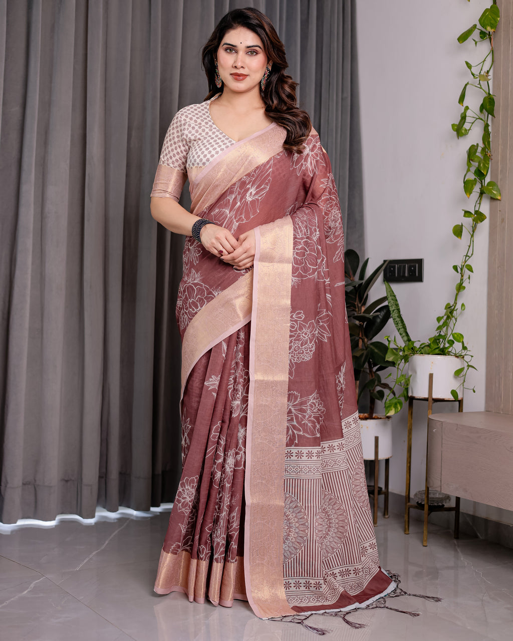 Maroon Handloom Linen Saree with White Floral Prints & Circular Mandala Pallu | Zari Border | 5.5m Saree + 0.8m Blouse with Tassels
