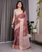 Maroon Handloom Linen Saree with White Floral Prints & Circular Mandala Pallu | Zari Border | 5.5m Saree + 0.8m Blouse with Tassels