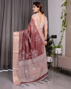 Maroon Handloom Linen Saree with White Floral Prints & Circular Mandala Pallu | Zari Border | 5.5m Saree + 0.8m Blouse with Tassels