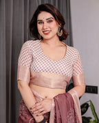 Maroon Handloom Linen Saree with White Floral Prints & Circular Mandala Pallu | Zari Border | 5.5m Saree + 0.8m Blouse with Tassels