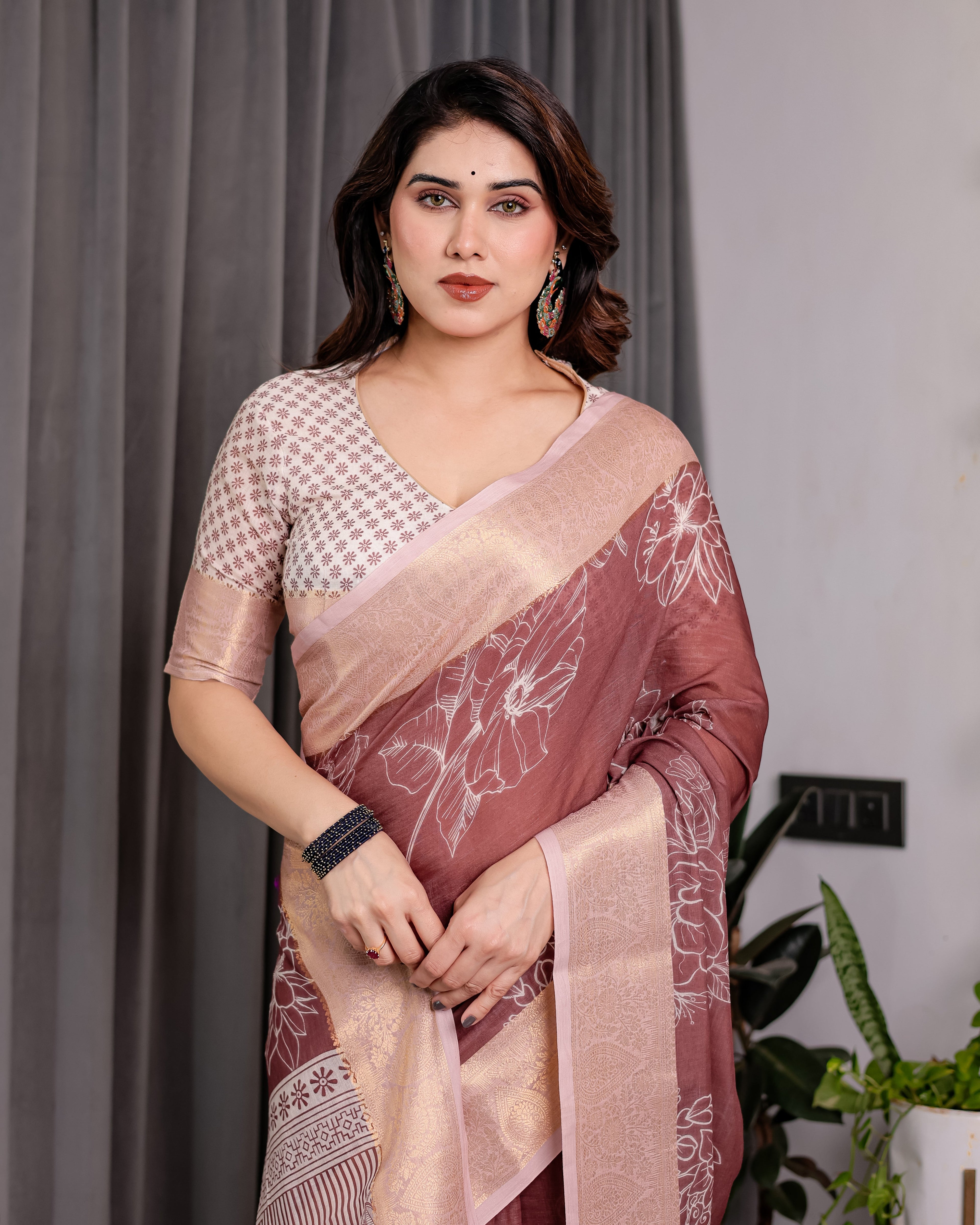 Maroon Handloom Linen Saree with White Floral Prints & Circular Mandala Pallu | Zari Border | 5.5m Saree + 0.8m Blouse with Tassels