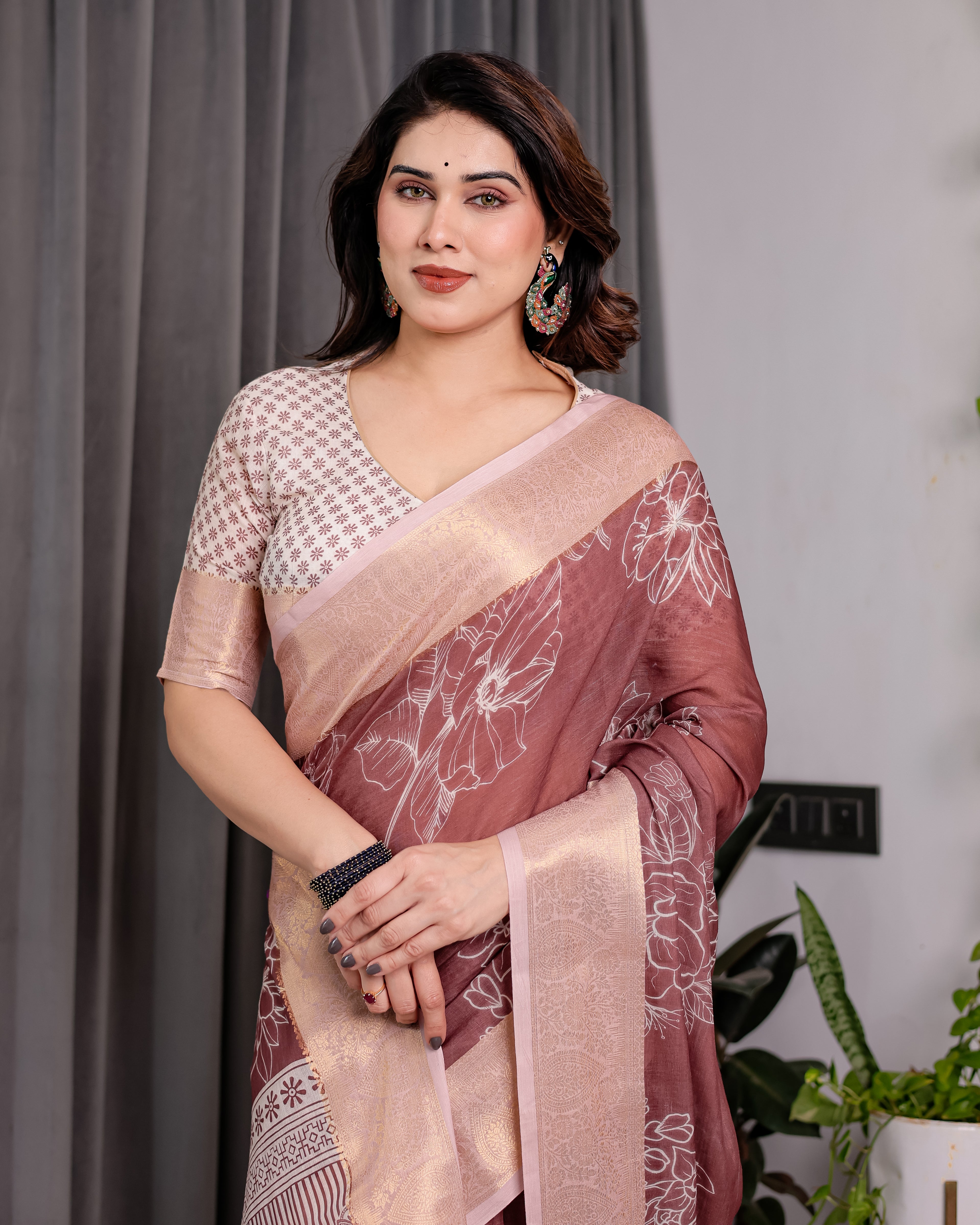 Maroon Handloom Linen Saree with White Floral Prints & Circular Mandala Pallu | Zari Border | 5.5m Saree + 0.8m Blouse with Tassels