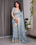 Sky Blue Handloom Linen Saree with Feather Leaf Print, Geometric Pallu & Zari Border | 5.5m Saree + 0.8m Blouse Piece