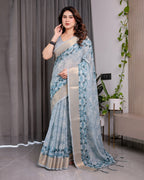 Sky Blue Handloom Linen Saree with Feather Leaf Print, Geometric Pallu & Zari Border | 5.5m Saree + 0.8m Blouse Piece