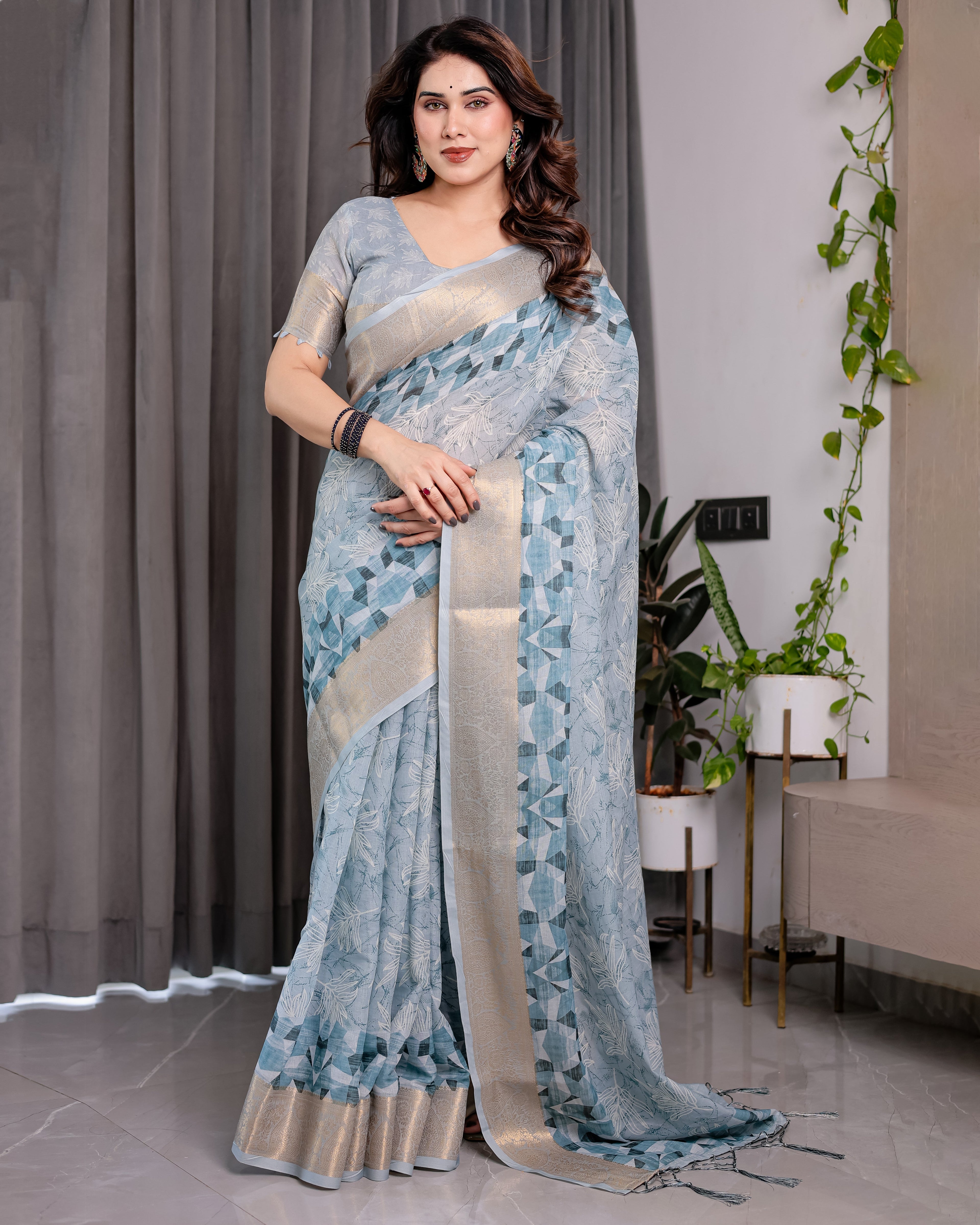 Sky Blue Handloom Linen Saree with Feather Leaf Print, Geometric Pallu & Zari Border | 5.5m Saree + 0.8m Blouse Piece