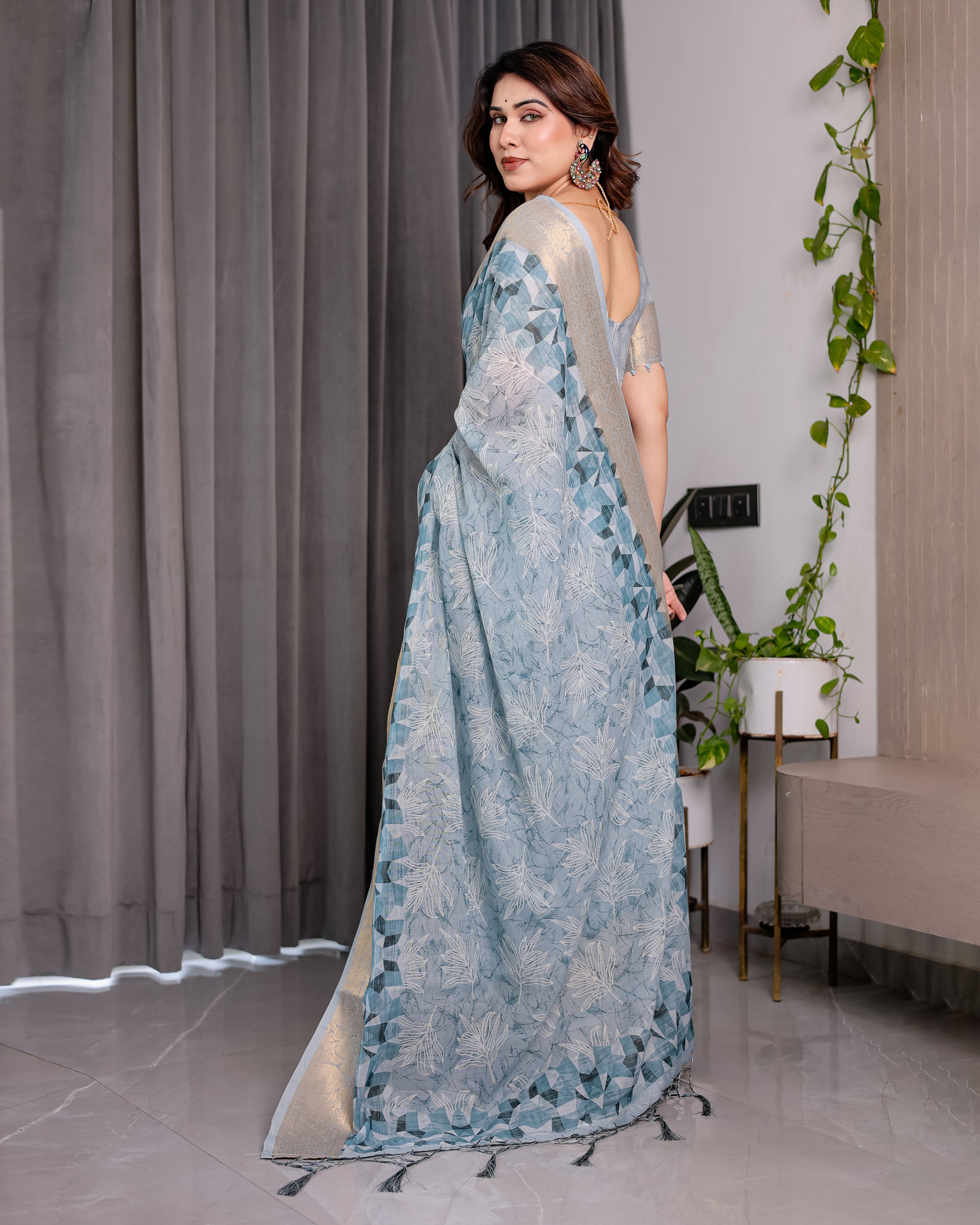Sky Blue Handloom Linen Saree with Feather Leaf Print, Geometric Pallu & Zari Border | 5.5m Saree + 0.8m Blouse Piece