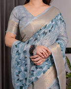 Sky Blue Handloom Linen Saree with Feather Leaf Print, Geometric Pallu & Zari Border | 5.5m Saree + 0.8m Blouse Piece