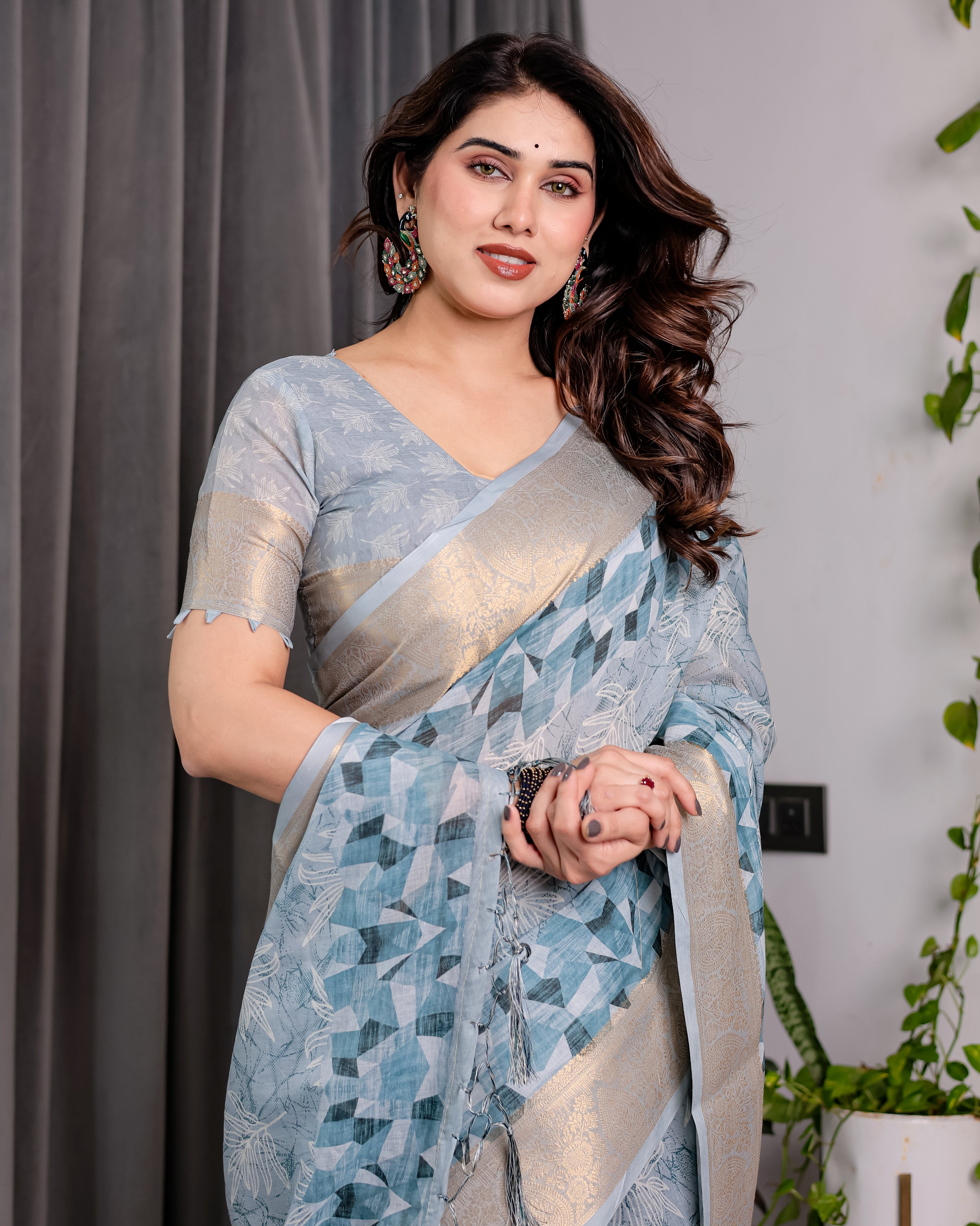 Sky Blue Handloom Linen Saree with Feather Leaf Print, Geometric Pallu & Zari Border | 5.5m Saree + 0.8m Blouse Piece