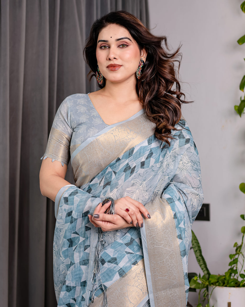 Sky Blue Handloom Linen Saree with Feather Leaf Print, Geometric Pallu & Zari Border | 5.5m Saree + 0.8m Blouse Piece