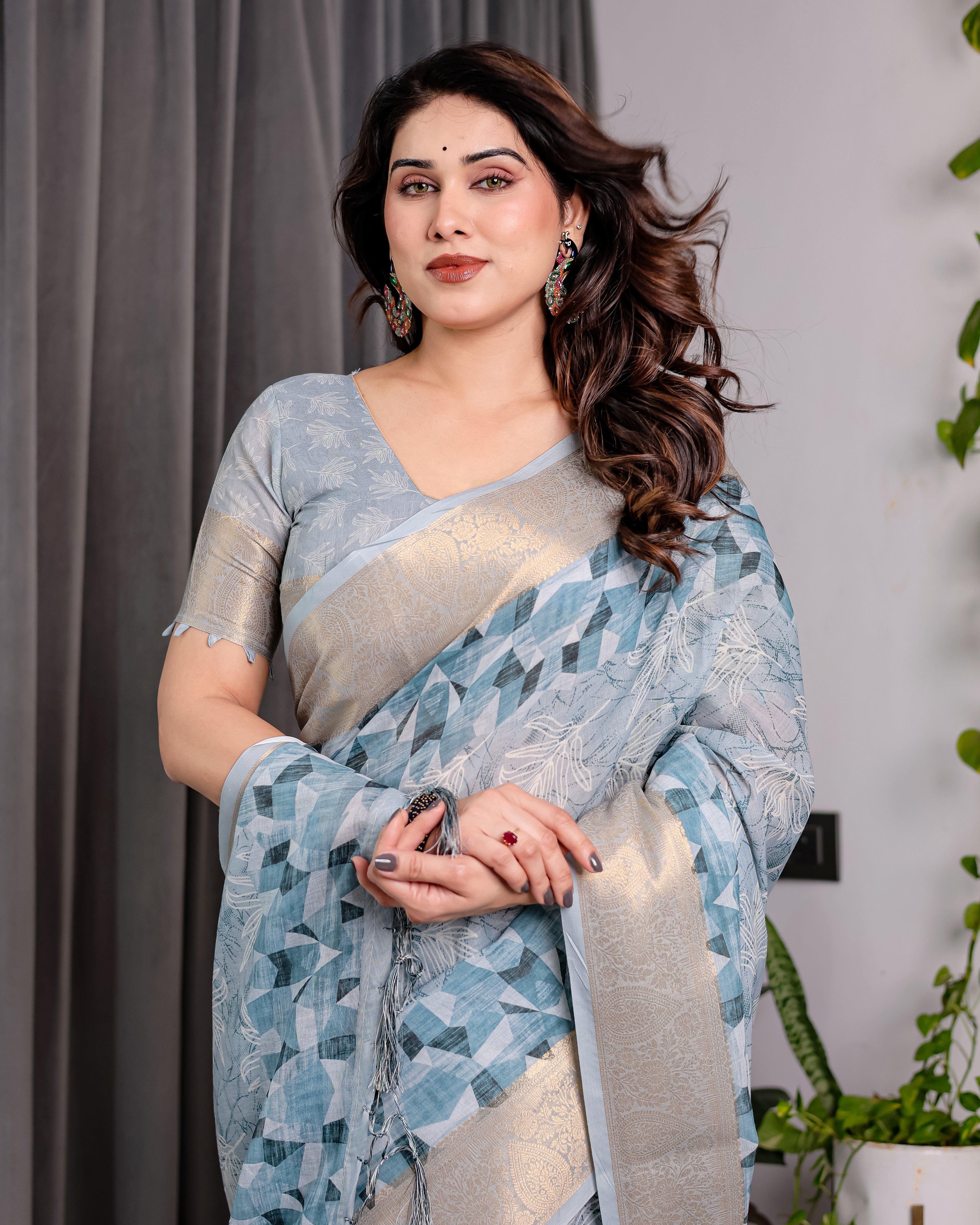 Sky Blue Handloom Linen Saree with Feather Leaf Print, Geometric Pallu & Zari Border | 5.5m Saree + 0.8m Blouse Piece