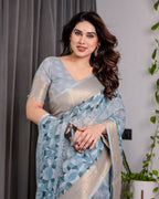 Sky Blue Handloom Linen Saree with Feather Leaf Print, Geometric Pallu & Zari Border | 5.5m Saree + 0.8m Blouse Piece