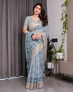 Sky Blue Handloom Linen Saree with Feather Leaf Print, Geometric Pallu & Zari Border | 5.5m Saree + 0.8m Blouse Piece