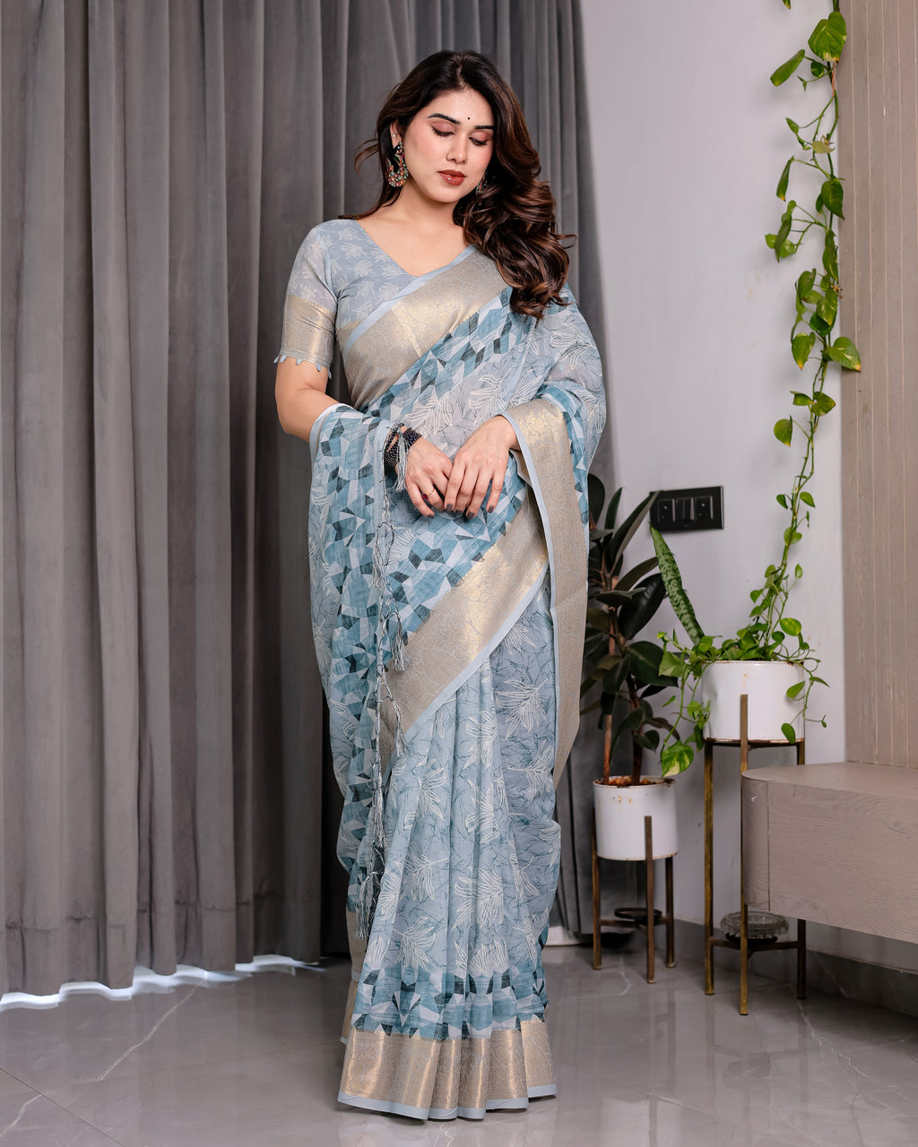 Sky Blue Handloom Linen Saree with Feather Leaf Print, Geometric Pallu & Zari Border | 5.5m Saree + 0.8m Blouse Piece