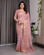 Blush Pink Handloom Linen Saree with Geometric White Print, Zari Border & Tassel Pallu | 5.5m Saree + 0.8m Blouse Piece