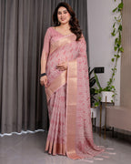 Blush Pink Handloom Linen Saree with Geometric White Print, Zari Border & Tassel Pallu | 5.5m Saree + 0.8m Blouse Piece
