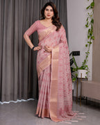 Blush Pink Handloom Linen Saree with Geometric White Print, Zari Border & Tassel Pallu | 5.5m Saree + 0.8m Blouse Piece
