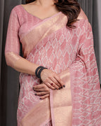 Blush Pink Handloom Linen Saree with Geometric White Print, Zari Border & Tassel Pallu | 5.5m Saree + 0.8m Blouse Piece