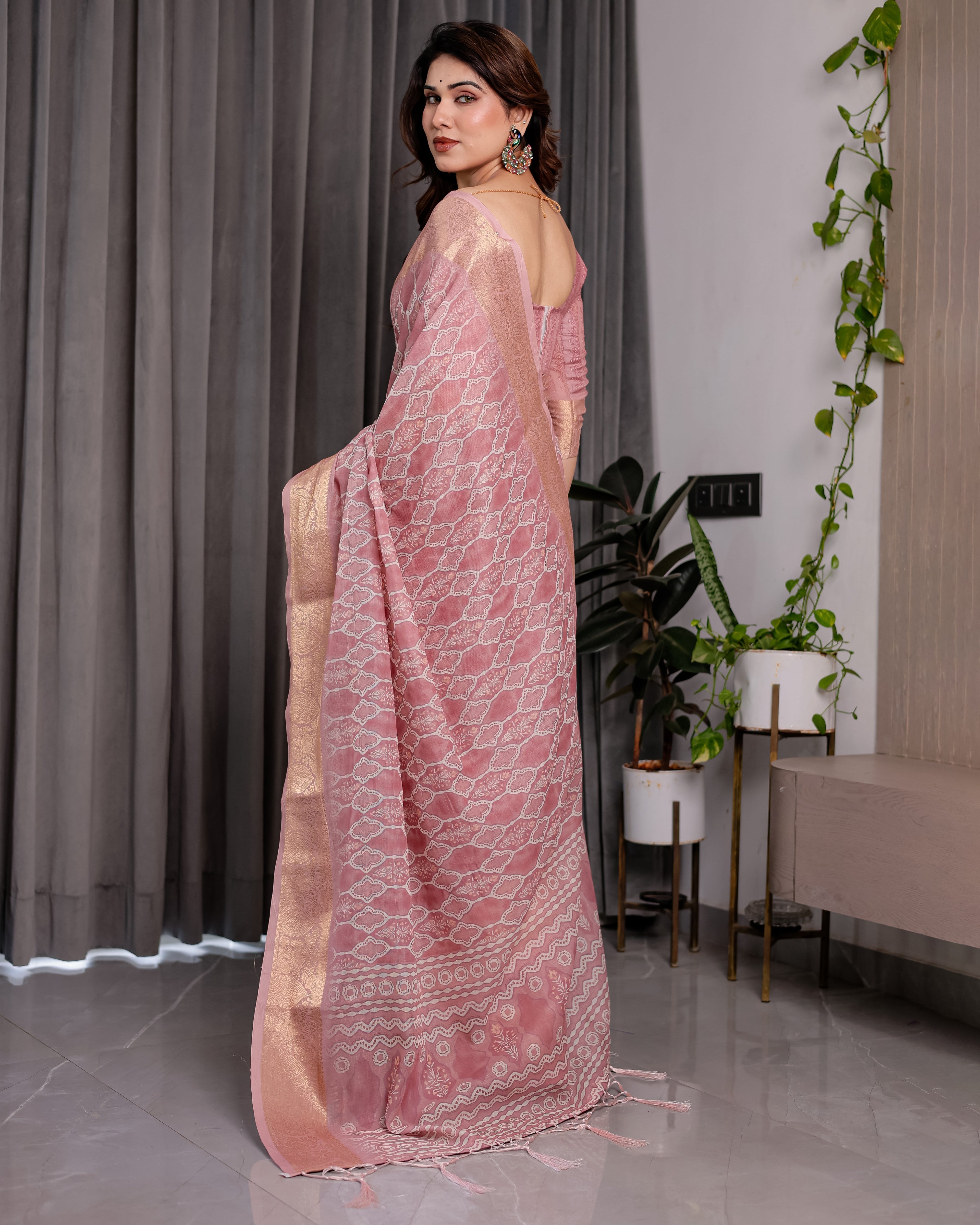 Blush Pink Handloom Linen Saree with Geometric White Print, Zari Border & Tassel Pallu | 5.5m Saree + 0.8m Blouse Piece