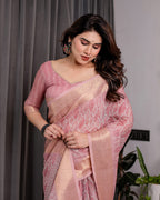 Blush Pink Handloom Linen Saree with Geometric White Print, Zari Border & Tassel Pallu | 5.5m Saree + 0.8m Blouse Piece