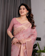 Blush Pink Handloom Linen Saree with Geometric White Print, Zari Border & Tassel Pallu | 5.5m Saree + 0.8m Blouse Piece