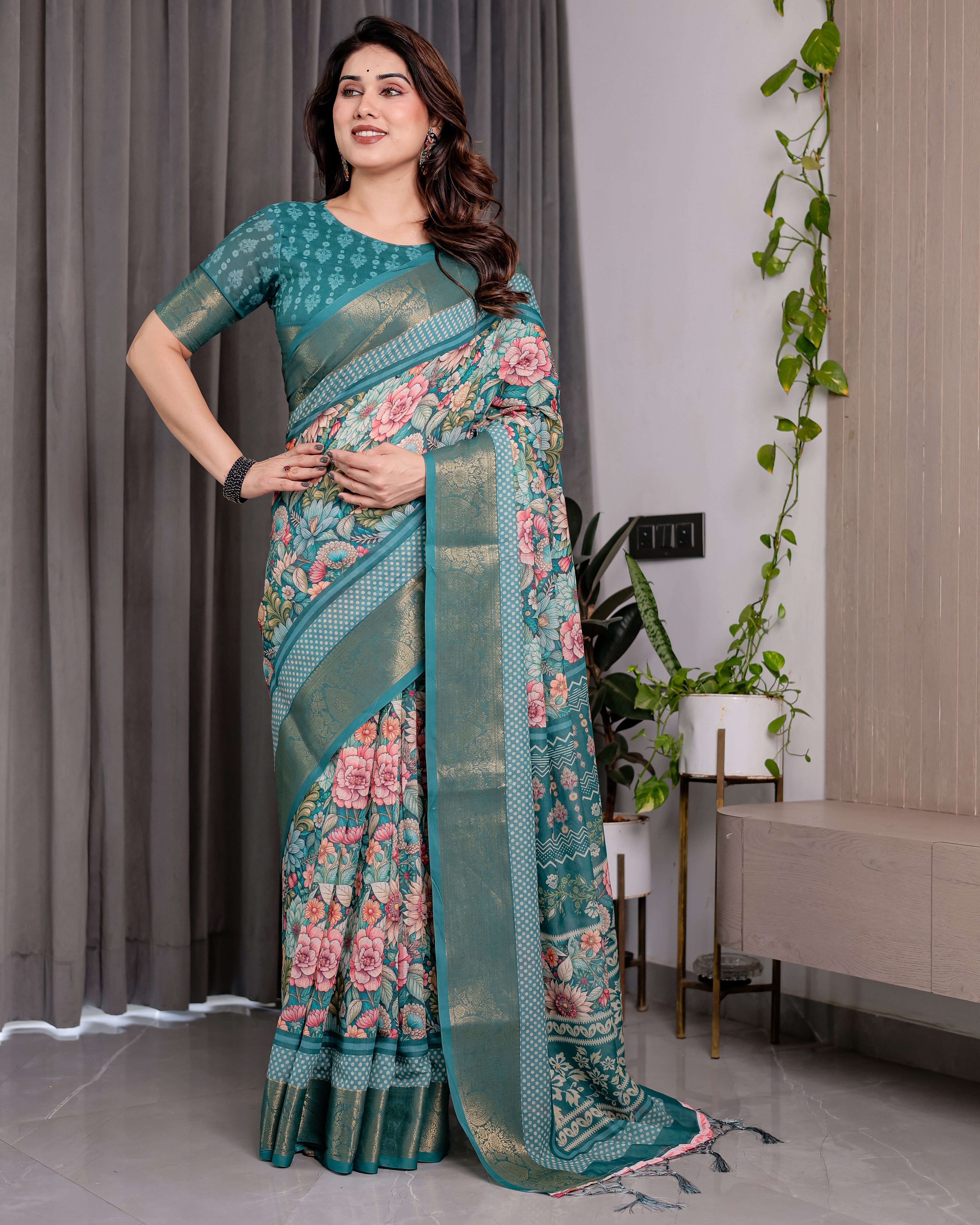 Teal Green Handloom Linen Saree with Multicolor Floral Printed Pallu & Zari Border | 5.5m Saree + 0.8m Blouse | Festive Tassel Finish