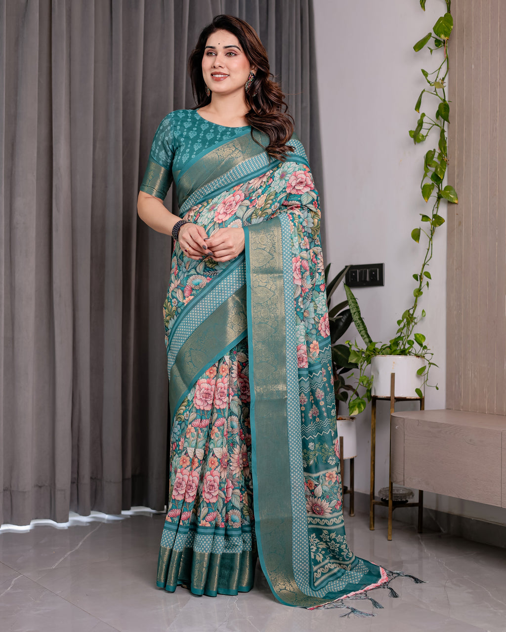 Teal Green Handloom Linen Saree with Multicolor Floral Printed Pallu & Zari Border | 5.5m Saree + 0.8m Blouse | Festive Tassel Finish