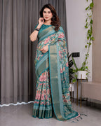 Teal Green Handloom Linen Saree with Multicolor Floral Printed Pallu & Zari Border | 5.5m Saree + 0.8m Blouse | Festive Tassel Finish