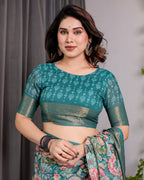 Teal Green Handloom Linen Saree with Multicolor Floral Printed Pallu & Zari Border | 5.5m Saree + 0.8m Blouse | Festive Tassel Finish