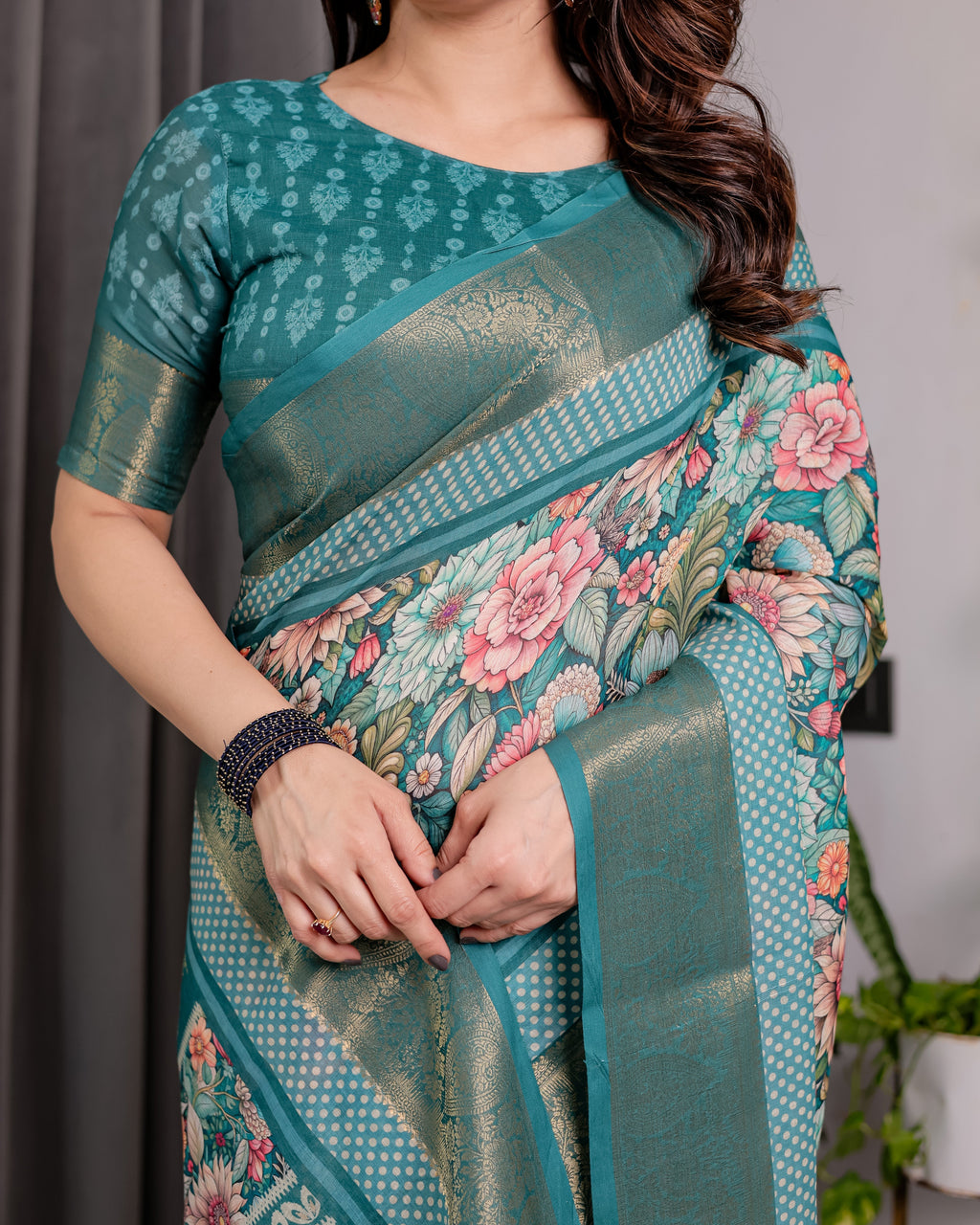 Teal Green Handloom Linen Saree with Multicolor Floral Printed Pallu & Zari Border | 5.5m Saree + 0.8m Blouse | Festive Tassel Finish