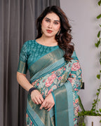 Teal Green Handloom Linen Saree with Multicolor Floral Printed Pallu & Zari Border | 5.5m Saree + 0.8m Blouse | Festive Tassel Finish